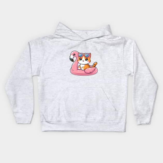 Cute Cat with Flamingo Buoy Kids Hoodie by Arief Uchiha